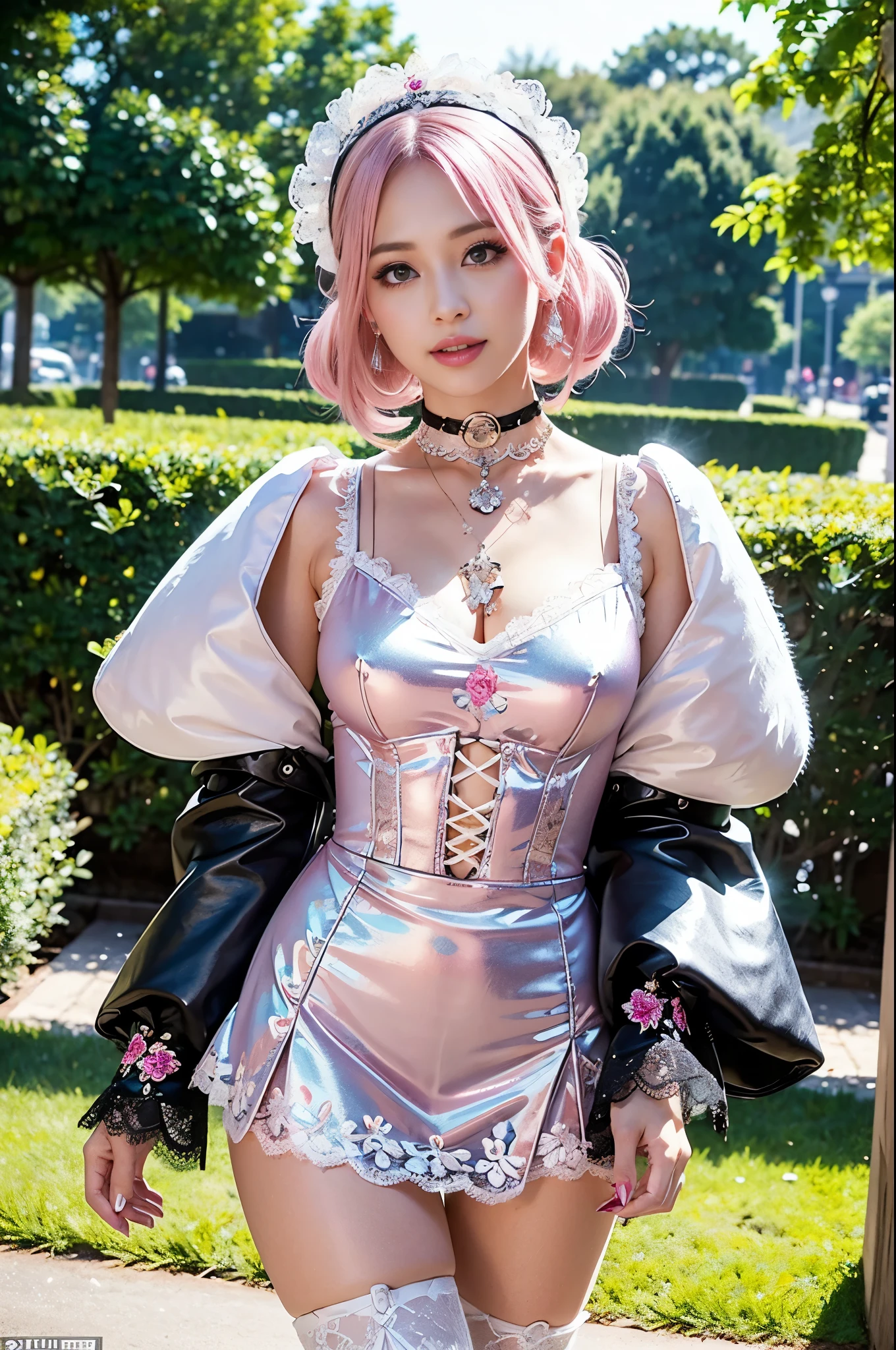 (nsfw), sexy stylish Swedish model, only 1 female, ((doll-like appearance)), short neon pink stylish hair, ((shiny Victorian-Style boots)), (big smile), ultra detailed eyes, vivid eye makeup, lip-gloss, long lashes, defined eyebrows, ((sexy Paradise Kiss cosplay)), bell-shaped skirt, petticoats, high neckline, puffed sleeves, ((ultra detailed lace)), ((ultra detailed embroidery)), intricate details, Paradise Kiss accessoires and matching headpiece, choker, ((large sparkling Paradise Kiss jewelry)), cinematic light, detailed large park background with trees