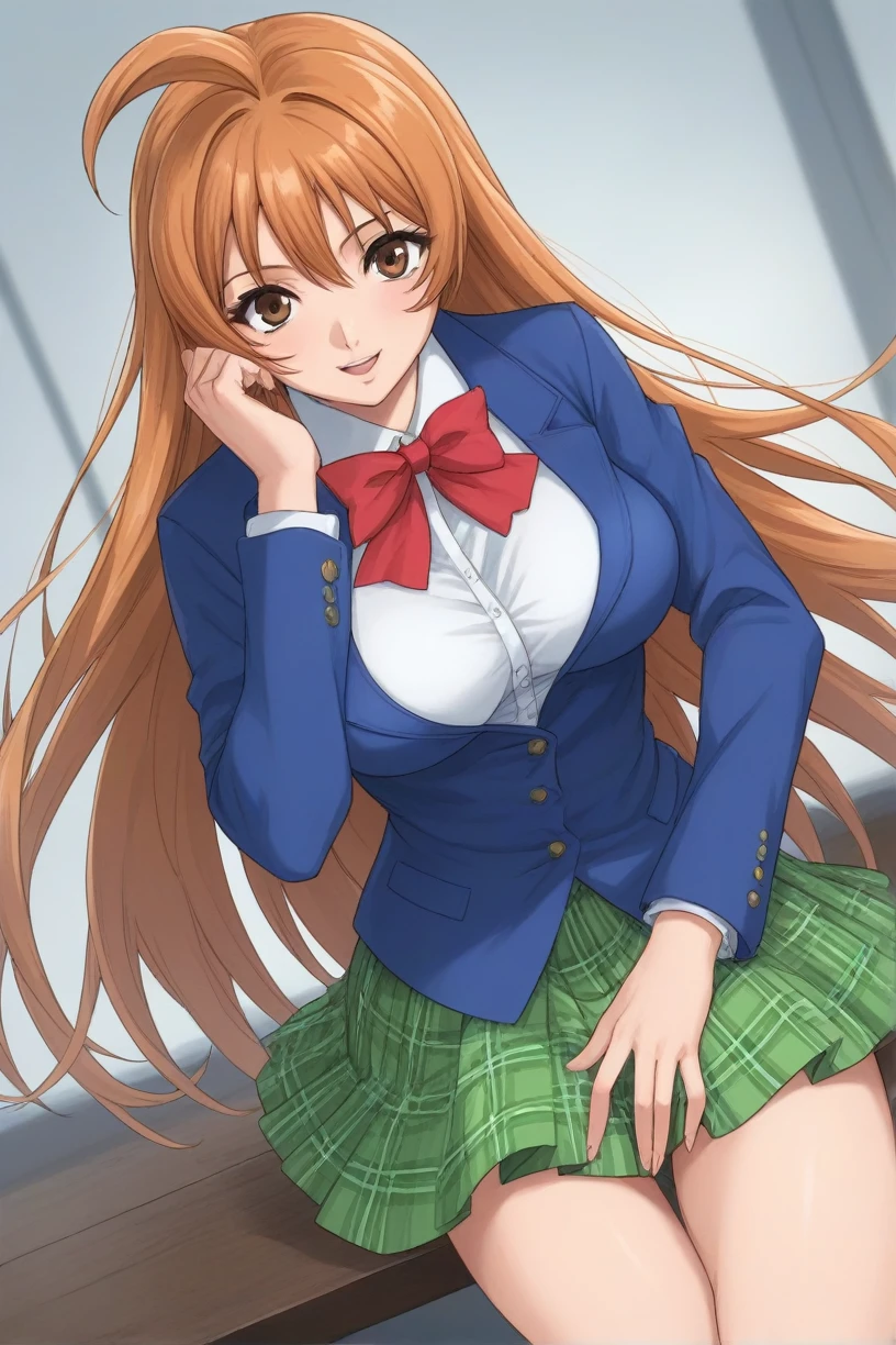 best quality,masterpiece,looking at viewer,absurdres,1girl,score_9,score_8_up,score_7_up,source_anime BREAK natsume aya,orange hair,long hair,brown eyes,ahoge,breasts,white ,skirt,bow,plaid,large breasts,jacket, plaid, green plaid skirt, blue blazer