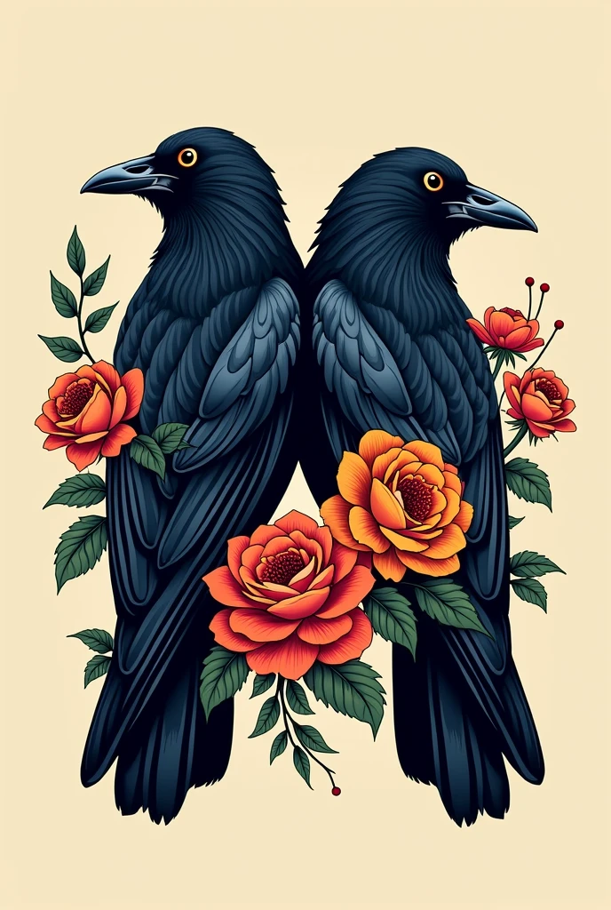 A tattoo on the chest of a crow, coming out of the chest, Spider webs, blood and butterflies