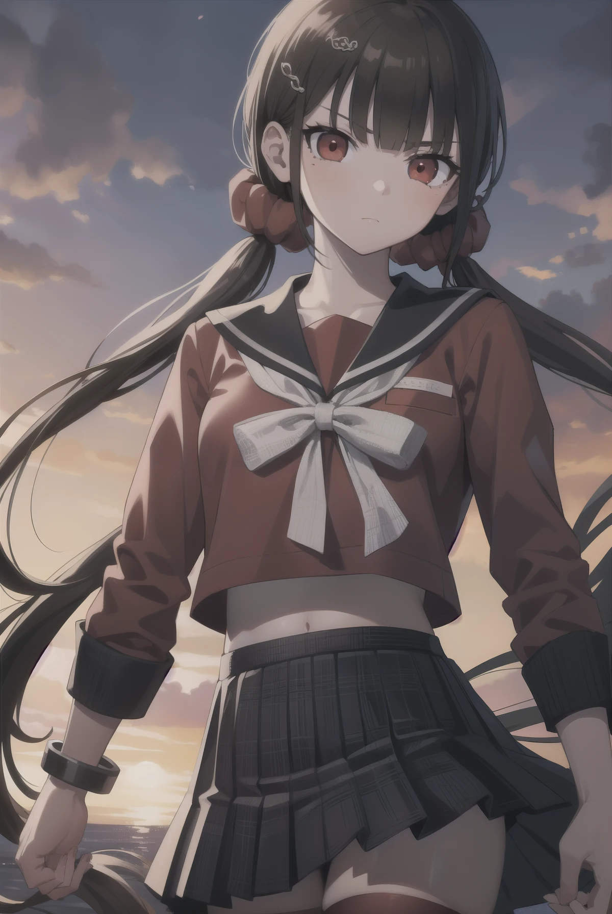 makiharukawa, harukawa maki, long hair, bangs, brown hair, black hair, hair ornament, (red eyes:1.5), twintails, very long hair, hairclip, blunt bangs, mole under eye, low twintails, scrunchie, hair scrunchie, red scrunchie, (small breast:1.2), BREAK skirt, shirt, thighhighs, long sleeves, bow, school uniform, pleated skirt, serafuku, miniskirt, black skirt, sailor collar, mole, bracelet, zettai ryouiki, plaid, plaid skirt, red shirt, black sailor collar, red thighhighs, BREAK looking at viewer, BREAK outside, beach, BREAK (masterpiece:1.2), best quality, high resolution, unity 8k wallpaper, (illustration:0.8), (beautiful detailed eyes:1.6), extremely detailed face, perfect lighting, extremely detailed CG, (perfect hands, perfect anatomy),