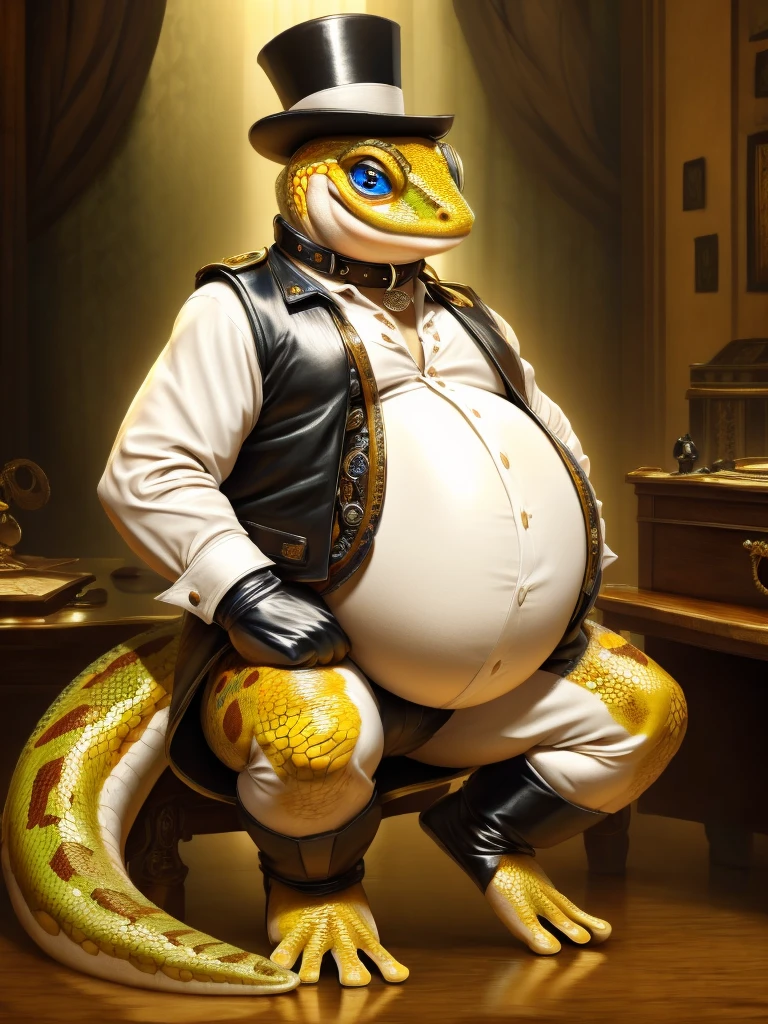 Gecko, leather collar, white rubber gloves on hands and feet, white spats on feet, fat, bulging belly, large belly, steampunk, (high quality,4k,8k,highres,masterpiece:1.2),ultra-detailed,(realistic,photorealistic,photo-realistic:1.37), masterpiece,(intricate details), captivating artwork, artistically rendered, masterful strokes, attention to detail, tasteful composition, alluring charm, careful shading, great attention to anatomy, meticulous rendering, impeccable craftsmanship, vivid colors, perfect balance between realism and fantasy. Solo, Male, fat, squatting, extremely obese, gentleman, dapper Professor Gecko, bulging belly, large belly, blue eyes, (posing:1.3), (soft shading), 4k, hi res, ((detailed face, detailed)), looking at viewer, mouth wide open, office, office setting, collared shirt with buttons, top hat, male focus, Explorer Outfit, glasses, monocle, vest with buttons, sleeves rolled up, round eyewear, brown headwear, brown vest, Gecko is wearing a glossy leather dog collar around the neck, Gecko is wearing the leather collar and shirt and vest at the same time, Gecko is wearing glossy white rubber gloves on the hands, wearing white rubber gloves on the feet, gloves are rubber in texture, clenching teeth, clenching fists, leather collar is glossy and shiny with a lot of detail, Gecko is wearing gloves and leather collar at the same time, leather collar has a round dog-tag, leather collar is thick and detailed, steampunk attire.