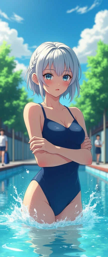((Embarrassing)), ((Put your hands on your chest)), ((Slouched)), 1 Whole body of a girl, elvish, ((silber hair)), Red Eyes, bob cuts, Braided hair, ((School swim wear)), One Piece Swimsuit, Outdoor pool, slim figure, speculum, gender change, concept-art, beautiful anime scene, Beautiful anime scenery, top-quality, ​masterpiece
