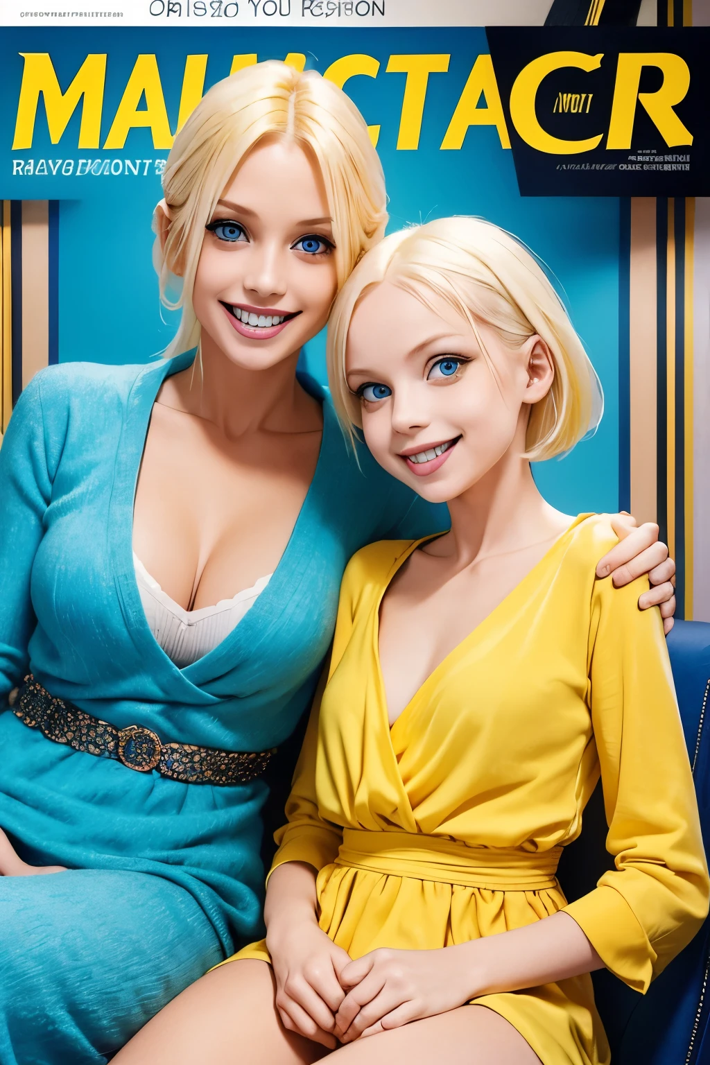 A mother and daughter yellow hair blue eyes on a magazine cover, vibrant colors, high-resolution, realistic portrayal, fashion-forward, loving bond, trendy attire, captivating smiles, natural beauty, professional lighting, contemporary style, artistic composition