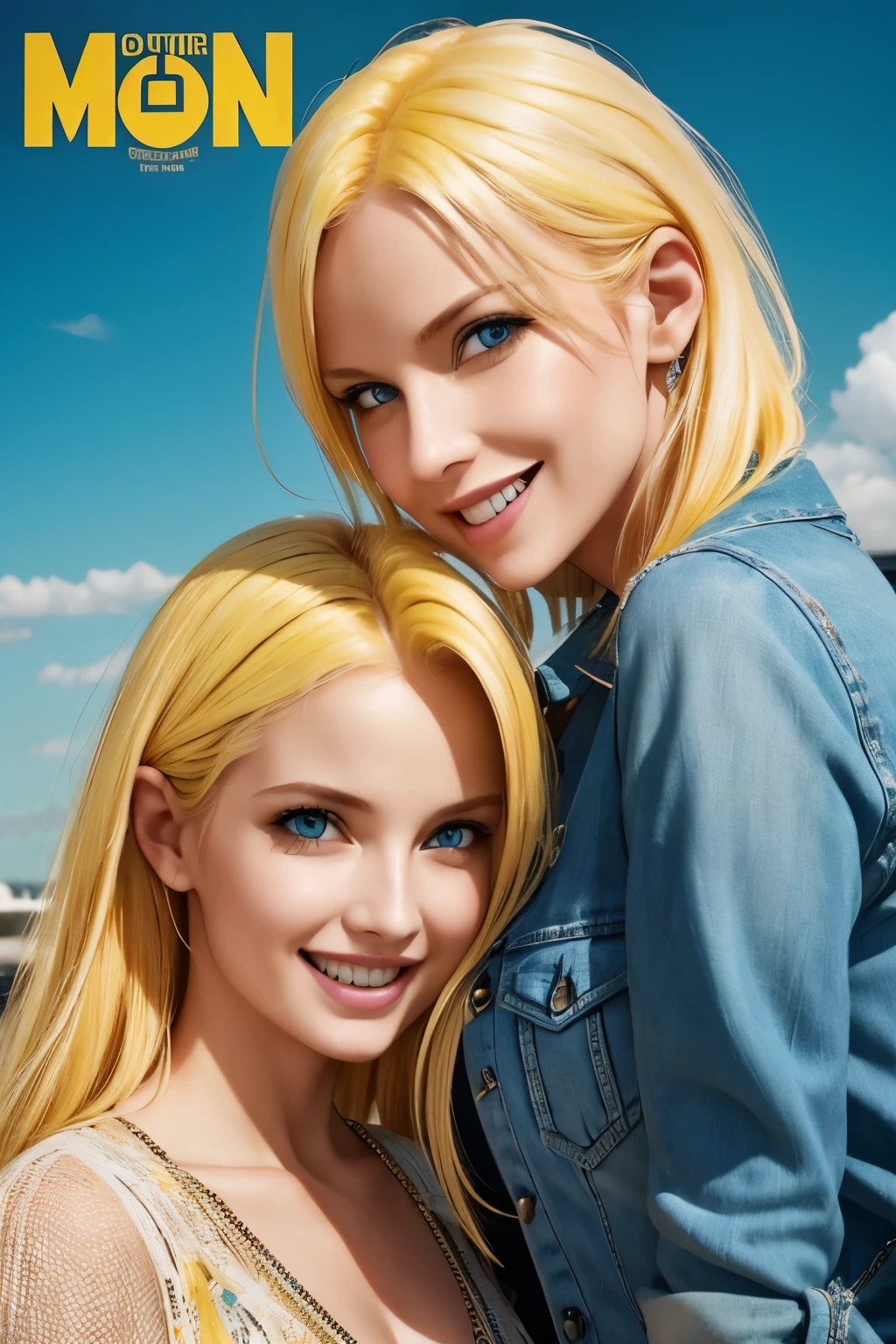 A mother and daughter yellow hair blue eyes on a magazine cover, vibrant colors, high-resolution, realistic portrayal, fashion-forward, loving bond, trendy attire, captivating smiles, natural beauty, professional lighting, contemporary style, artistic composition
