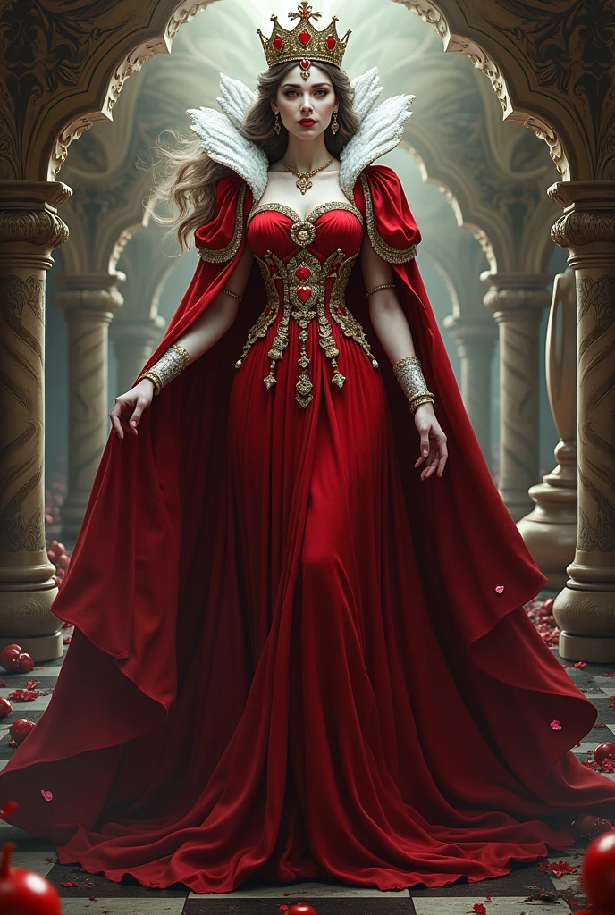 Aurum is an imposing and exuberant female elf figure., with a generous, curvy silhouette, extremely large breasts,gigantic breasts, She looks like anime characters and exudes sensuality.. She is dressed as a queen in a red dress, Adorned with golden jewels and precious stones that shine brightly. Your gaze is penetrating and full of intensity., Transmitting power and authority.. Aurum is surrounded by rose petals that accentuate its aura of beauty and sensuality.... Your mouth is well marked and seductive., and your whole body radiates an irresistible sensuality.
