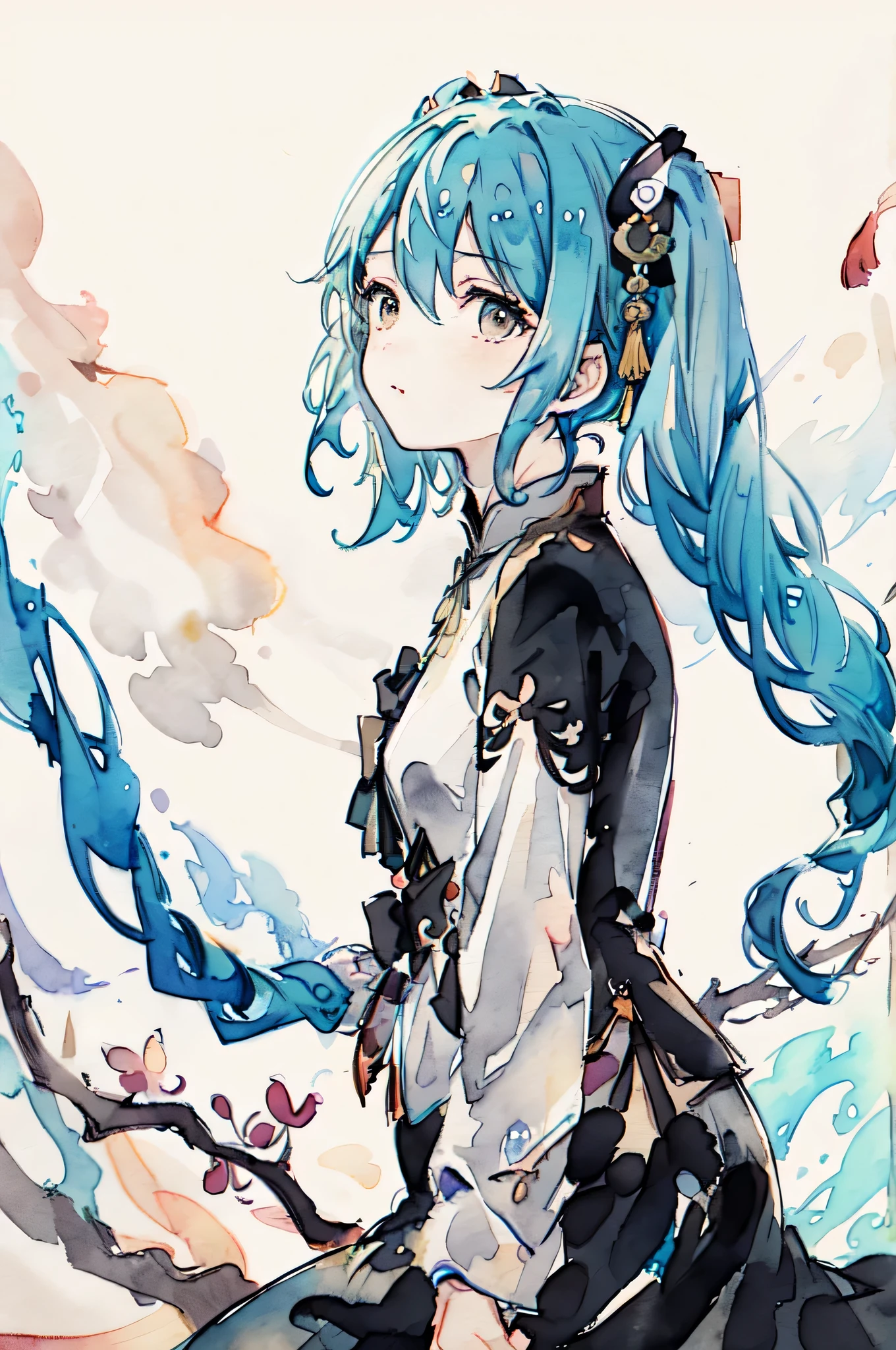illustration style anime d'une femme brune au cheveux longs et épais volant au vent aux yeux verts émeraude portant un corset rouge et un soutien-gorge bleu, tenant un katana regardant le spectateur avec une expression sérieuse. Style Art Nouveau, style Alphonse Mucha, style studio Ghibli. Eclairage doux, chaud. Couleurs pastels.
#tengrai