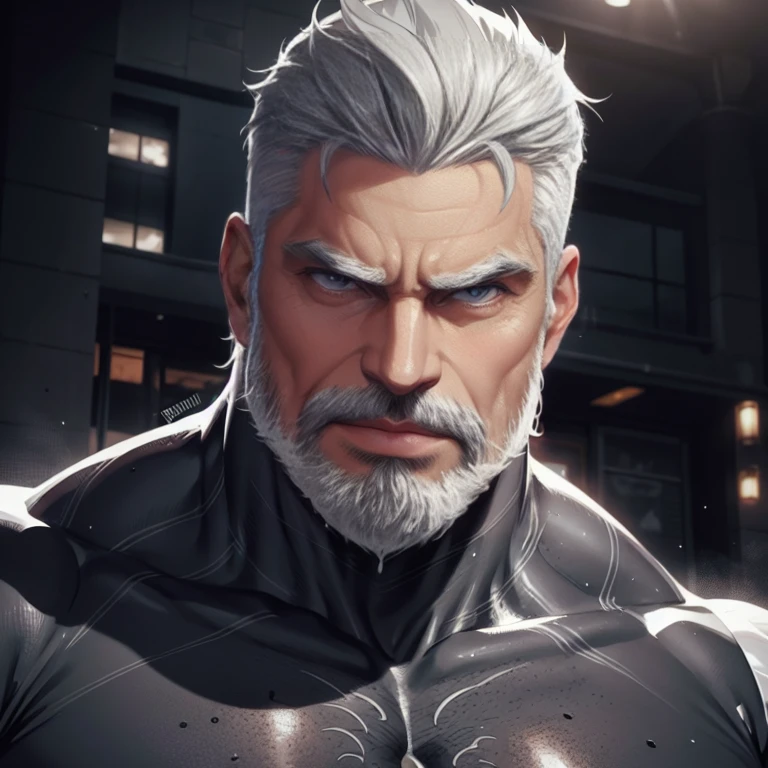 a muscular man, Quiff hairstyle, gray hair, gray mustache, gray beard, venom symbiote, large white spider logo on symbiote, handsome face, detailed eyes, nose and lips, 8k, high quality, photorealistic, dramatic lighting, cinematic