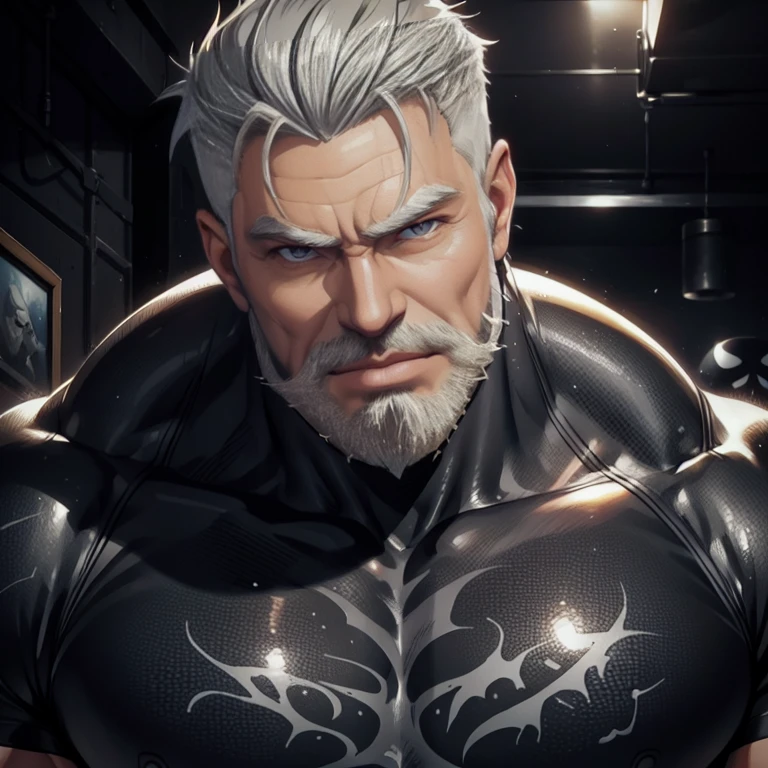 a muscular man, Quiff hairstyle, gray hair, gray mustache, gray beard, venom symbiote, large white spider logo on symbiote, handsome face, detailed eyes, nose and lips, 8k, high quality, photorealistic, dramatic lighting, cinematic