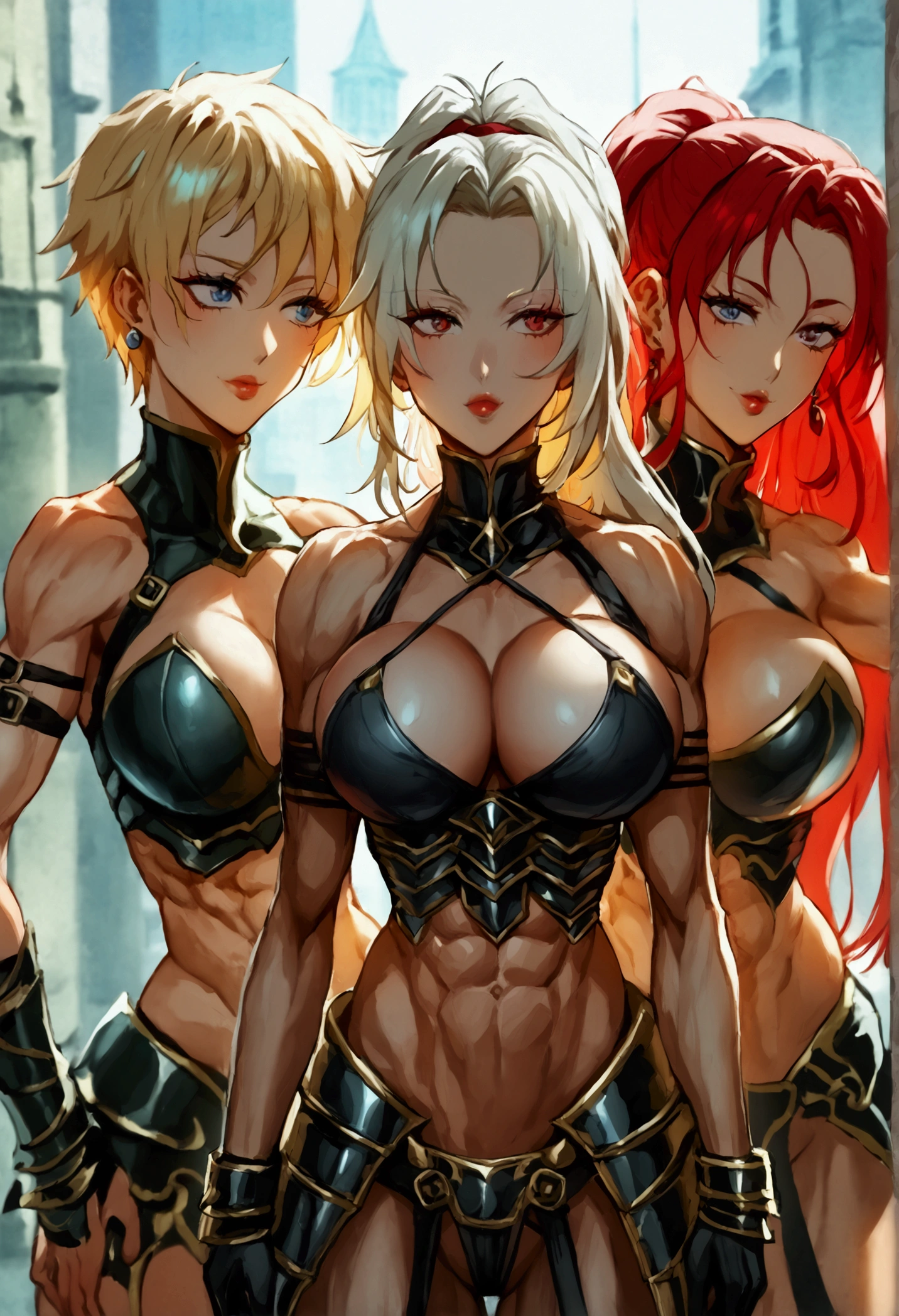 Three thin girls, sexy and muscular women wearing flashy samurai armor, one with short blonde hair,another with very long red hair and another with long hair, tied and black(busty)(huge breasts)(athletic and muscular physique)(huge legs)(small hips and waist) with a city in the background(Ultra quality and anime style) 