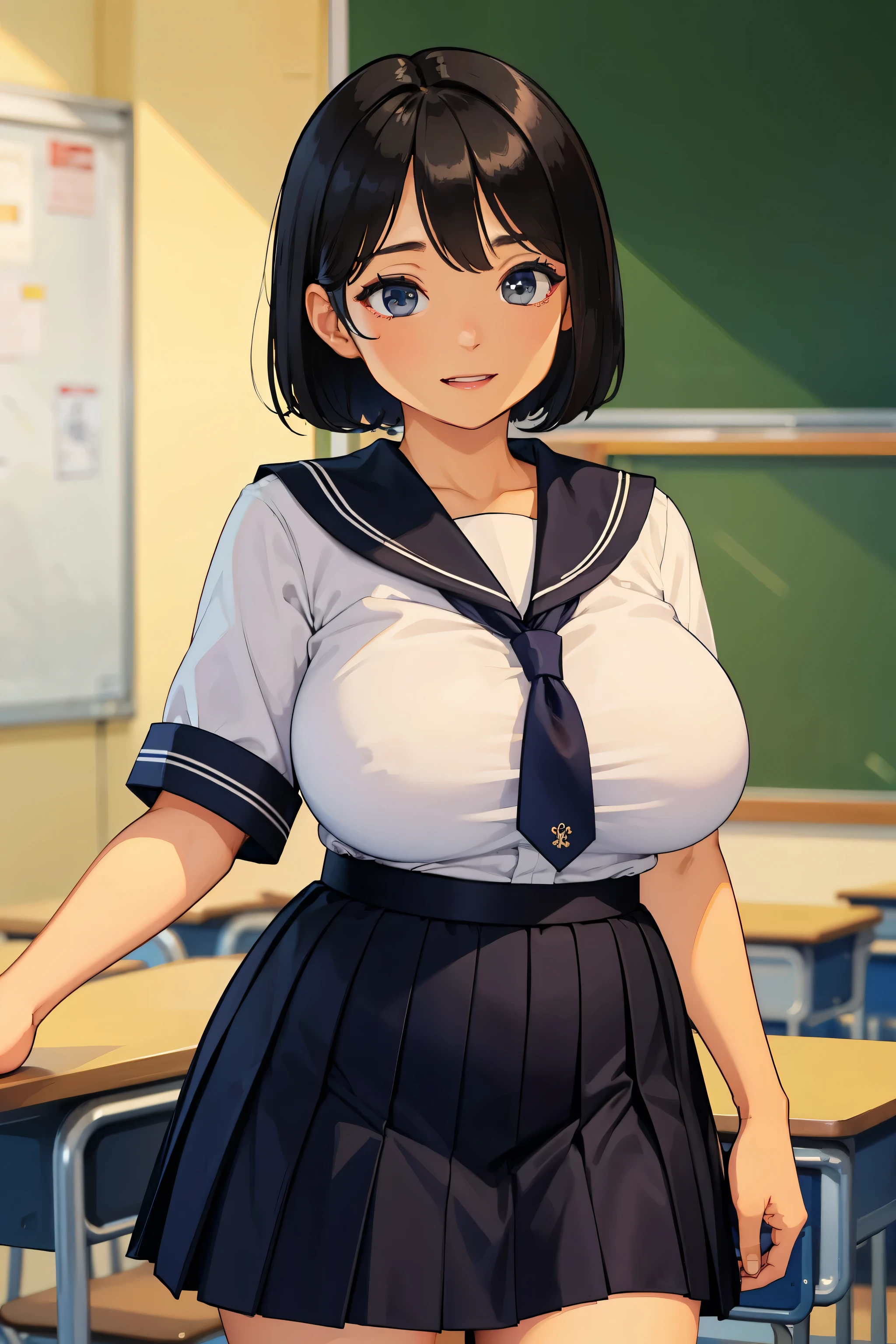 (超High resolution,4K,Very detailed, photograph, 8k, High resolution, High resolution, Absurd:1.2),1 Japanese female,Black Hair,Beautiful character design,Beautifully detailed eye depiction,Perfect Face,Expressive eyes,Brown eyes,Please smile with your teeth showing,(School Sailor Uniform,Navy Blue Skirt),Open clothes,White socks,Black Loafers,(Huge breasts:1.0),(See-through bra:0.3),Tight waist,In the classroom,Daytime,Cowboy Shot