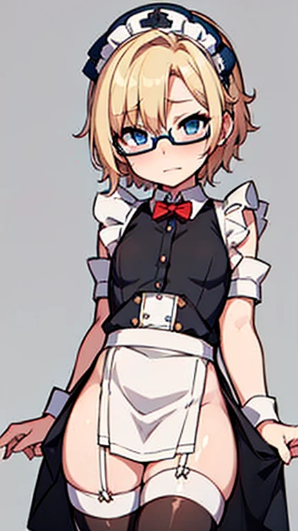 Femboy with blonde hair, blue eyes, and glasses in maid outfit