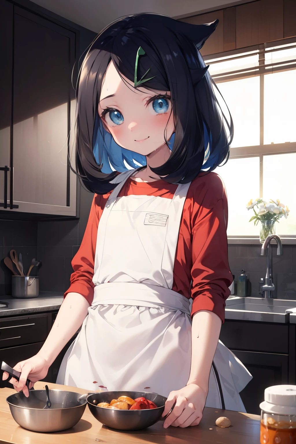 nsfw, cute apron, Newly Married, Love love, (masterpiece, Highest quality, 8K ultra-high resolution:1.4), ****, kawaii Pokemon RikoFlash photography, Backlight, (The best smile:1.4), Knife, Written boundary depth, Dramatic portrayal, (Kitchen Background), Focus of the film, , Emotional composition, Emotional engine full throttle BREAK Young and cute, Slender body, Flat Chest, Highly detailed glossy skin,Sweat,  Perfect Pokemon Riko,
ultra detailed crystal eyes, Eyes like shining jewels