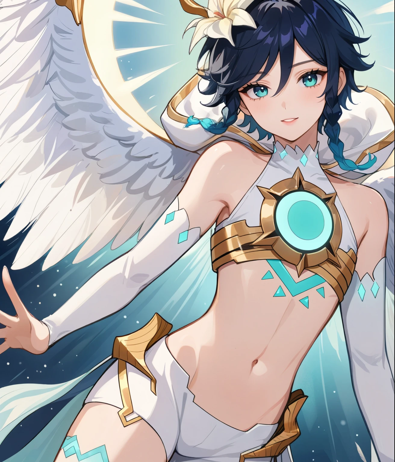 masterpiece,best quality,very aesthetic,absurdres,1boy,venti_/(archon/)_/(genshin_impact/),male_focus,detailed_eyes,(gnns:0.25),white feathered_wings,white halter crop top,white shorts,hair_flower,midriff,black blue hair gradient,dsmile,((flat chest)),slender,small waist,starry_sky,moon,starry_sky_print,((bluegreen eyes)),slender,feathers,divine,detailed_eyes,long_eyelashes,pink_lips,glossy lips,narrow_waist,wide_hips,bare stomach,seductive,flirtatious,iridescent volumetric light, god rays, heavenly,cosmic,celestial,perfect elegant hands,(realistic:0.25),Monet, pixiv fantasia 