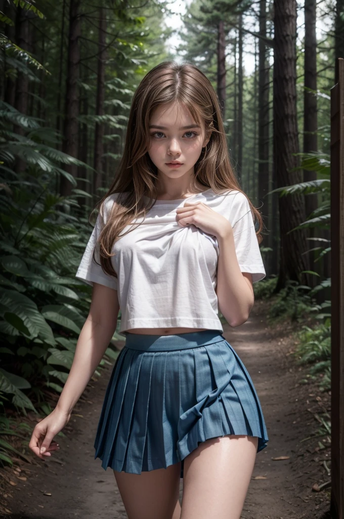 Barbara Palvin, , deep woods, dark ,night time, ((white t-shirt, shirt lift)), ((blue pleated skirt, skirt lift)), gap between legs, perfect pussy