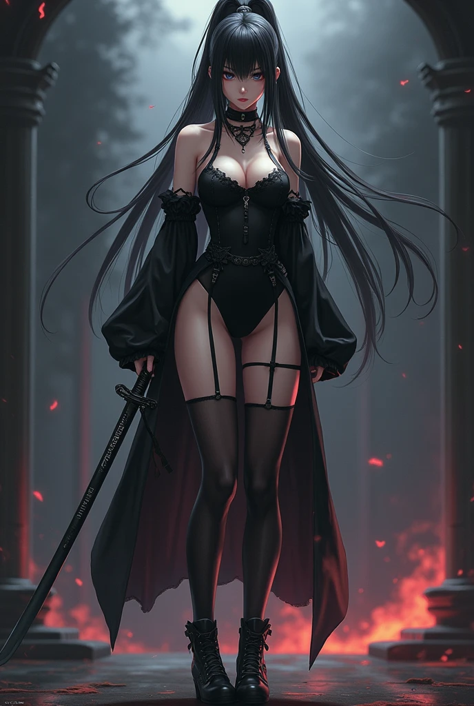 ((best quality)), ((masterpiece)), (detailed), perfect face, Character design, female, long black hair, wearing a black angelic dress with silver details, white eyes, small frame, very skinny, detailed, best quality, no accesoires around the neck, no shoes, prominent collarbones, skinny arms, flat stomach, visible hip bones, full body, fangs, pale skin, angelic, small waist, assassin, bloody scene, holding a katana, assassin