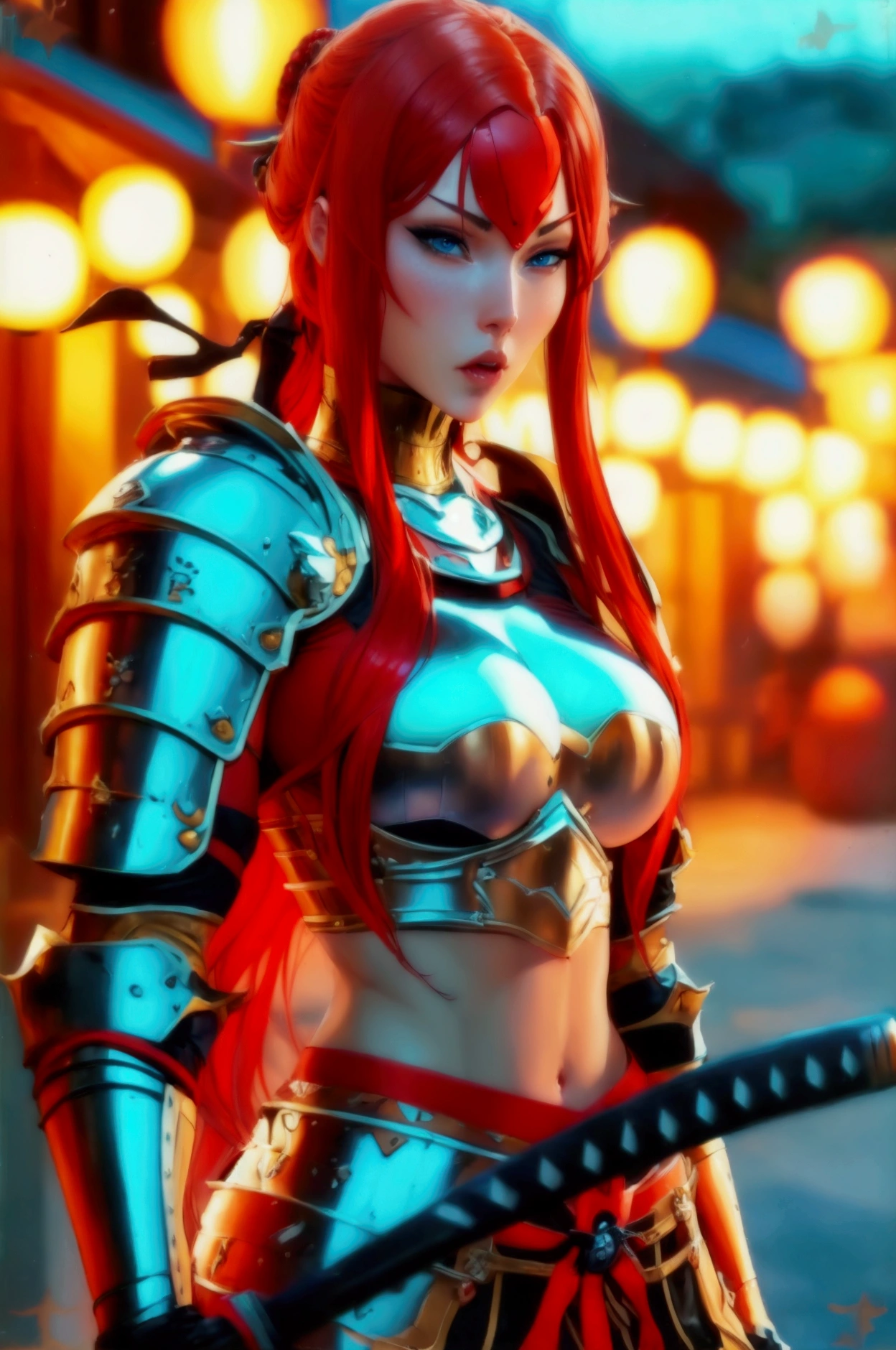 thin woman, sexy with very long red hair, blue eyes(busty)(huge breasts)(big breasts)(big legs)(huge legs)(small waist and wide hips)(athletic physique) with a samurai armor on display and a katana