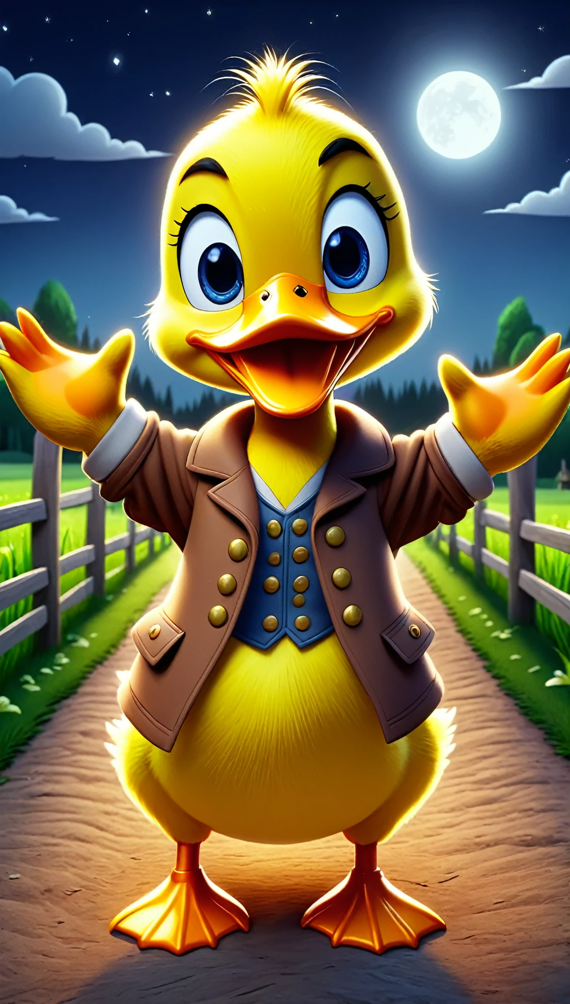 cute duck, cartoon , arms, hands ,cute eyes, looking at viewer, arms up, flawless, farm background, night, darkness