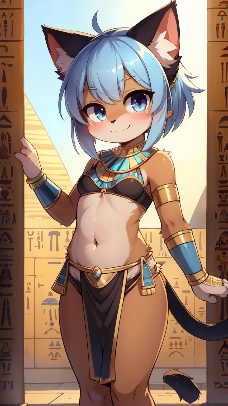 score_9,score_8_up,score_7_up, source_cartoon, source_furry, Bastet, cat girl, cat tail, light blue hair, hair over one eye, rect bangs, medium rect hair, furry, blush, looking at viewer, smile, 1girl, cat ears, furry female, brown body fur, ((small loincloth, egyptian adorns, black bondeau bra)), egypt, clear sky, blush, looking at viewer, solo, anthro, cheek tuft, facial tuft, navel, full body, feets with three toes, 3 toes, standing,
