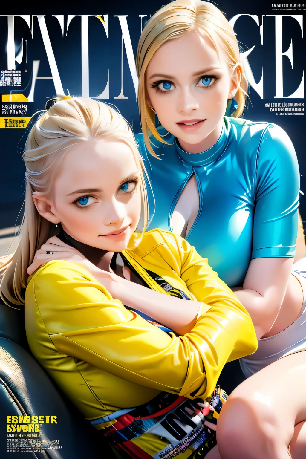 A mother and daughter yellow hair blue eyes on a magazine cover, vibrant colors, high-resolution, realistic portrayal, fashion-forward, loving bond, trendy attire, captivating smiles, natural beauty, professional lighting, contemporary style, artistic composition