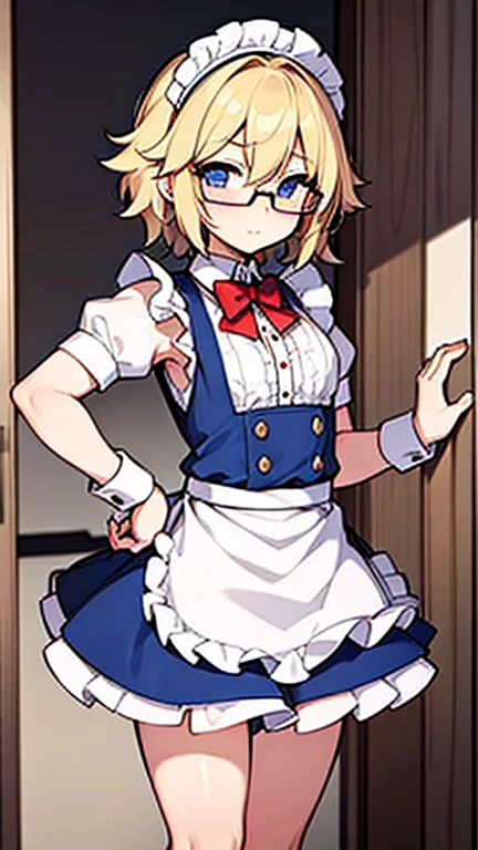 Femboy with blonde hair, blue eyes, glasses,  in maid outfit lifting skirt