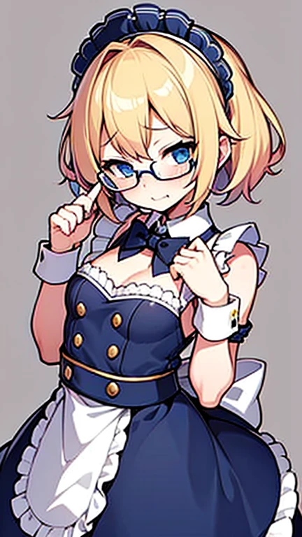 Very embarrassed Femboy with blonde hair, blue eyes, glasses,  in maid outfit