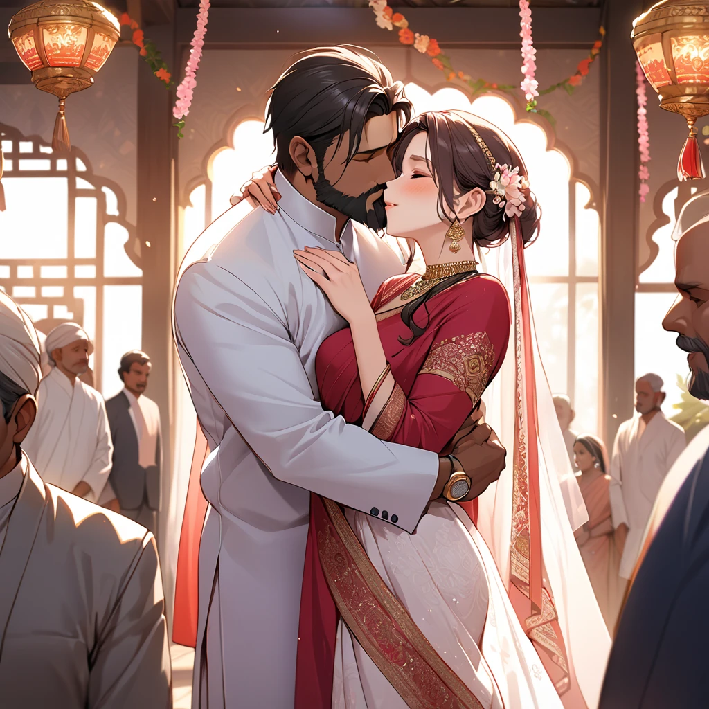 ((Highest quality)), ((masterpiece)), (detailed), （Perfect Face）The woman is Lunamaria、The woman is wearing the traditional Indian dress, a sari.、The woman is embracing and kissing a middle-aged Indian man with a beard in their wedding ceremony.