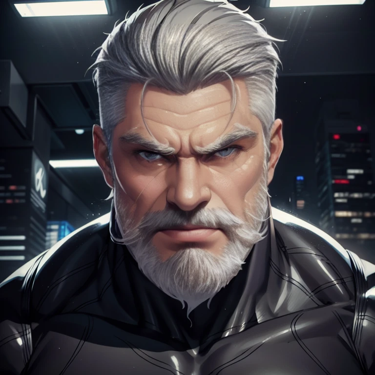 a muscular man, Quiff hairstyle, gray hair, gray mustache, gray beard, venom symbiote, large white spider logo on symbiote, handsome face, detailed eyes, nose and lips, 8k, high quality, photorealistic, dramatic lighting, cinematic