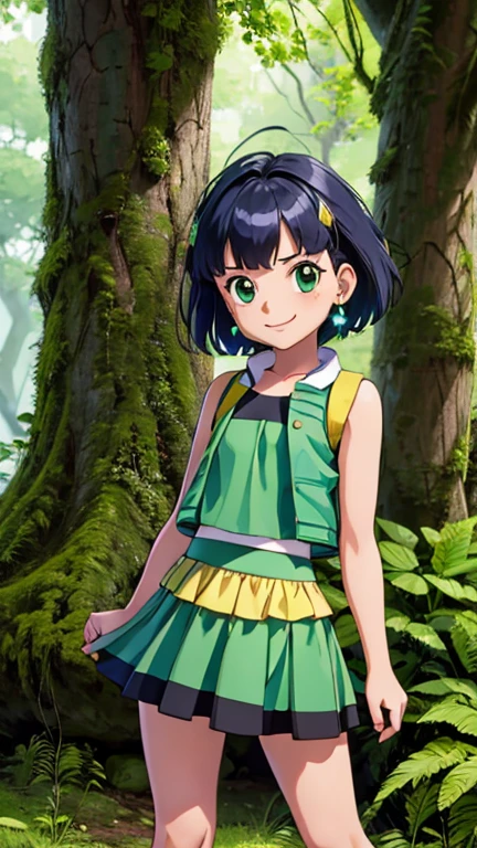 (1girl, solo, highly insanely detailed, masterpiece, top quality, best quality, highres, 4k, 8k, RAW photo),((innocent look)),((Childish)),From the front, symmetrical composition,smile,cute,Innocent,Kind eyes,Flat chest,pokemovies,forest, ppgzbtc, green eyes, short hair, earrings, yellow vest, green skirt, forest