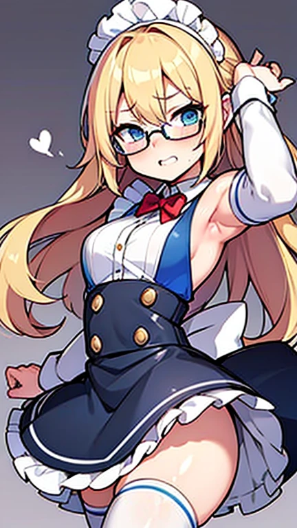 Embarrassed Femboy with blonde hair, blue eyes, glasses in maid outfit with bulge in skirt