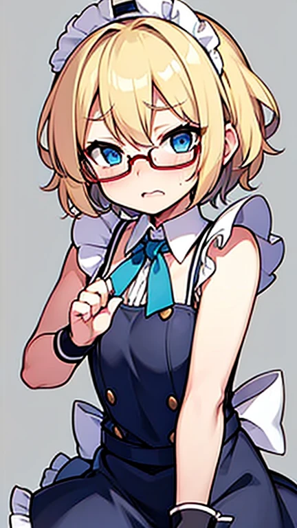 Embarrassed Femboy with short blonde hair, blue eyes, glasses in maid outfit with bulge in skirt