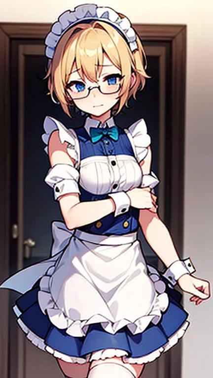 Embarrassed Femboy with short blonde hair, blue eyes, glasses in maid outfit with bulge in skirt