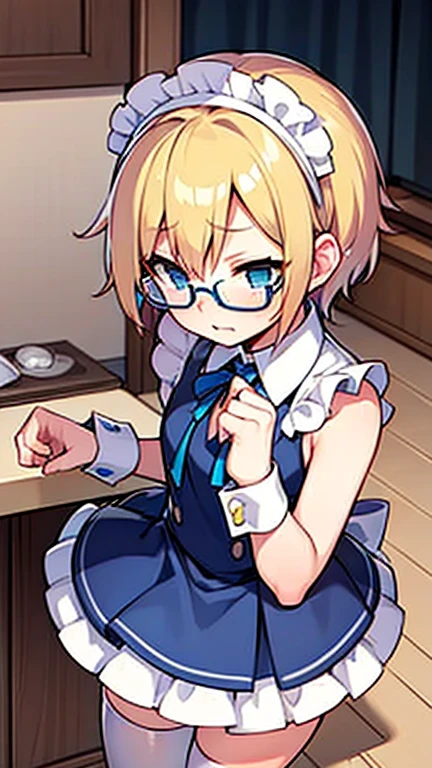 Embarrassed Femboy with short blonde hair, blue eyes, glasses in maid outfit bending over