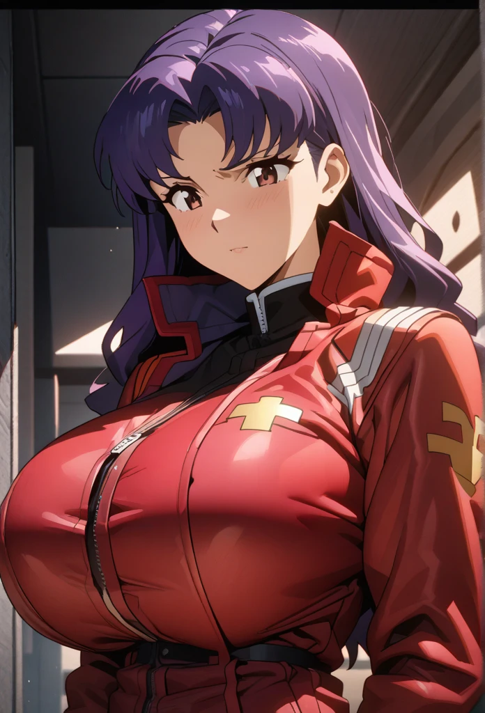 High resolution, masterpiece, Highest quality, High detail, Ultra high definition, Textured skin, Long Hair, 8k,((Katsuragi Misato)),Purple Hair, anime style, huge breasts,