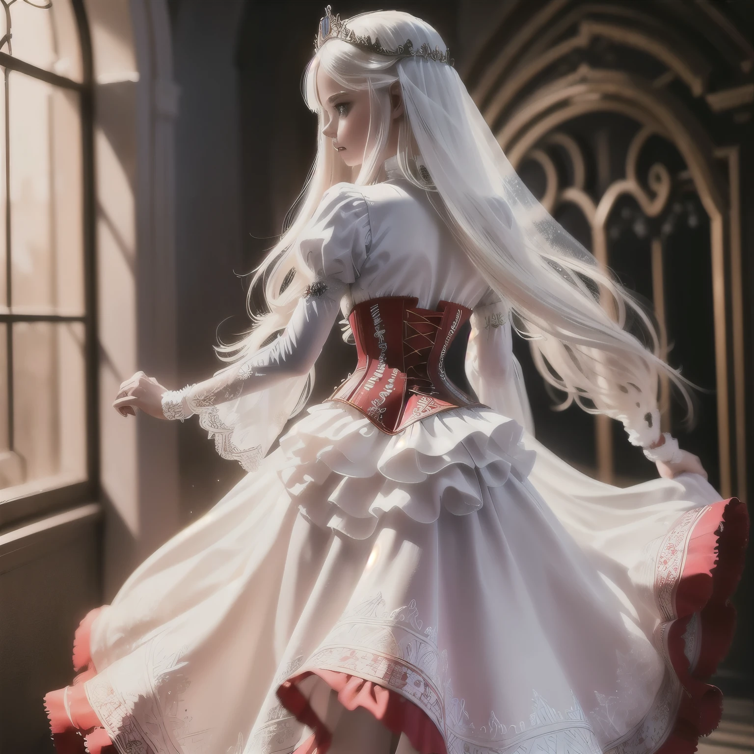 ((extremely detailed CG unity 8k wallpaper)), masterpiece, ultra-detailed, floating, high resolution, sexually suggestive, (petite, absurdly long white hair, princess, white mage, blue eyes, (ornate long white and red see through layered long dress with long detached wide sleeves and intricate embroidery), bridal veil, circlet, bridal gauntlets, blushing, shy, arched back, ruffled petticoat, ornate corset,