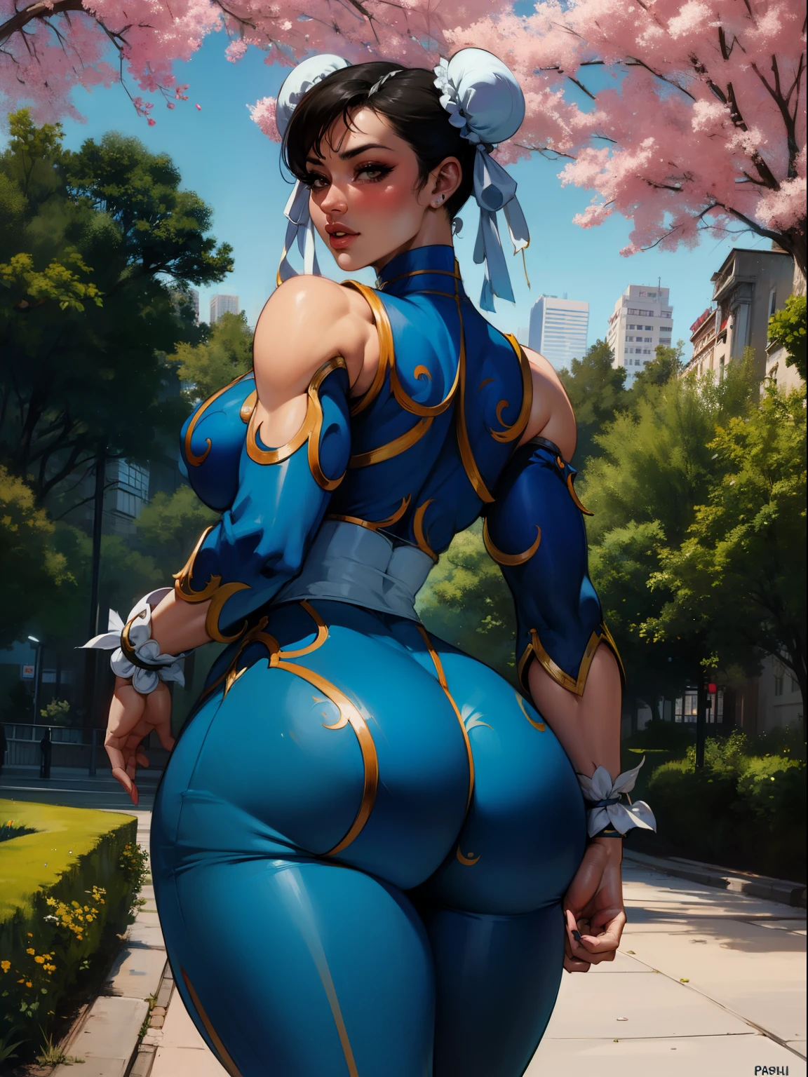 ((Chun Li)),A girl walking in a park,((Best Quality)), ((until)), (detailed), perfect face, ((big ass))