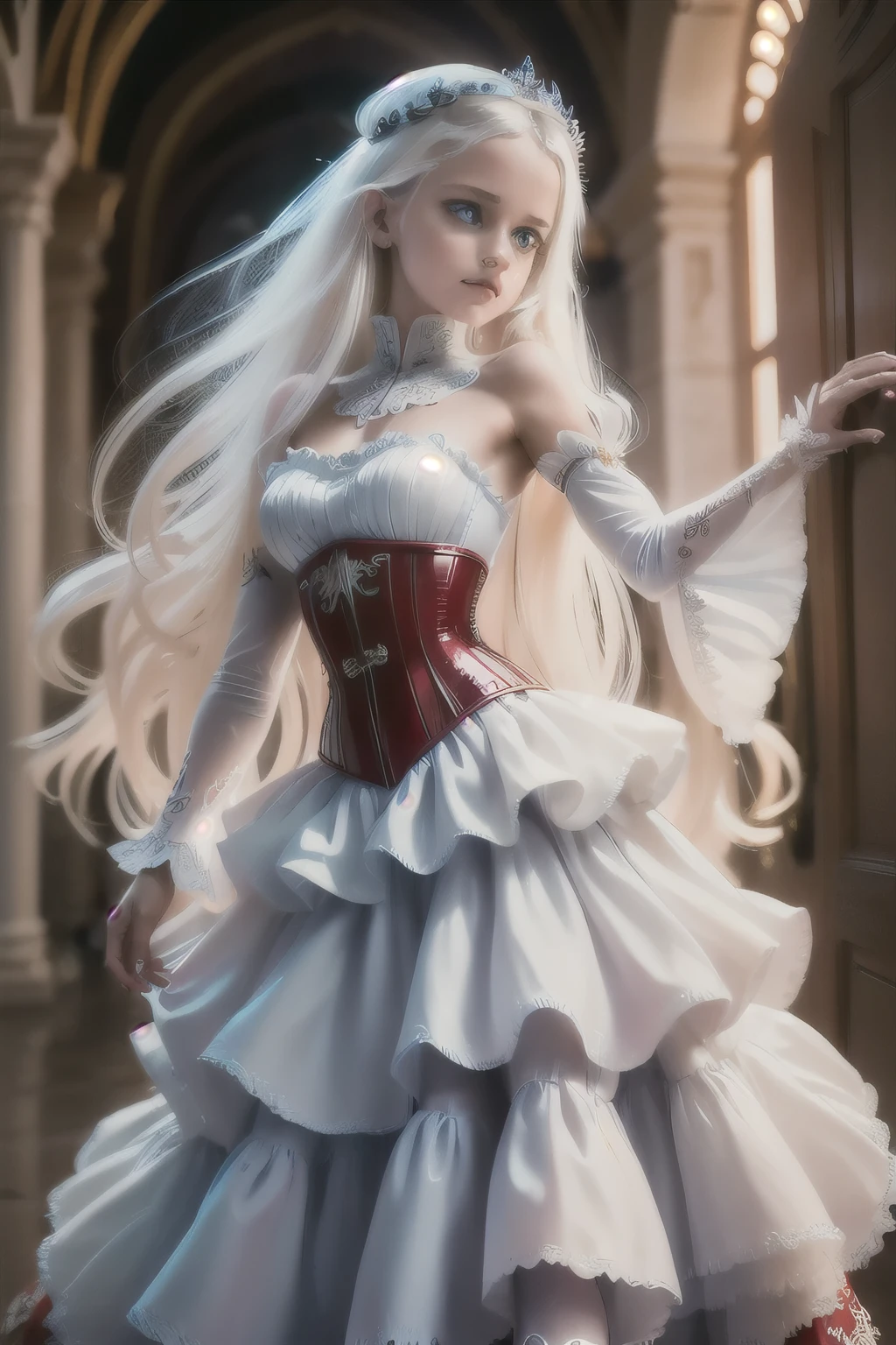 ((extremely detailed CG unity 8k wallpaper)), masterpiece, ultra-detailed, floating, high resolution, sexually suggestive, (petite, absurdly long white hair, princess, white mage, blue eyes, (ornate long white and red see through layered long dress with long detached wide sleeves and intricate embroidery), bridal veil, circlet, bridal gauntlets, blushing, shy, arched back, ruffled petticoat, ornate corset,