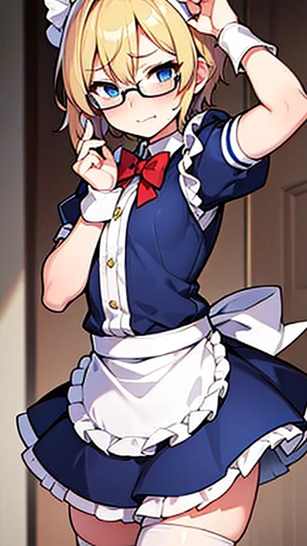 Embarrassed Femboy with short blonde hair, blue eyes, glasses in maid outfit trying to cover skirt