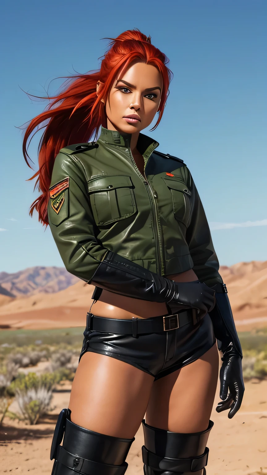 Beautiful woman, tanned skin, long red hair with a ponytail, defiant look, makeup, green military clothing, black leather gloves, green military shorts, long black boots, in a desert field.