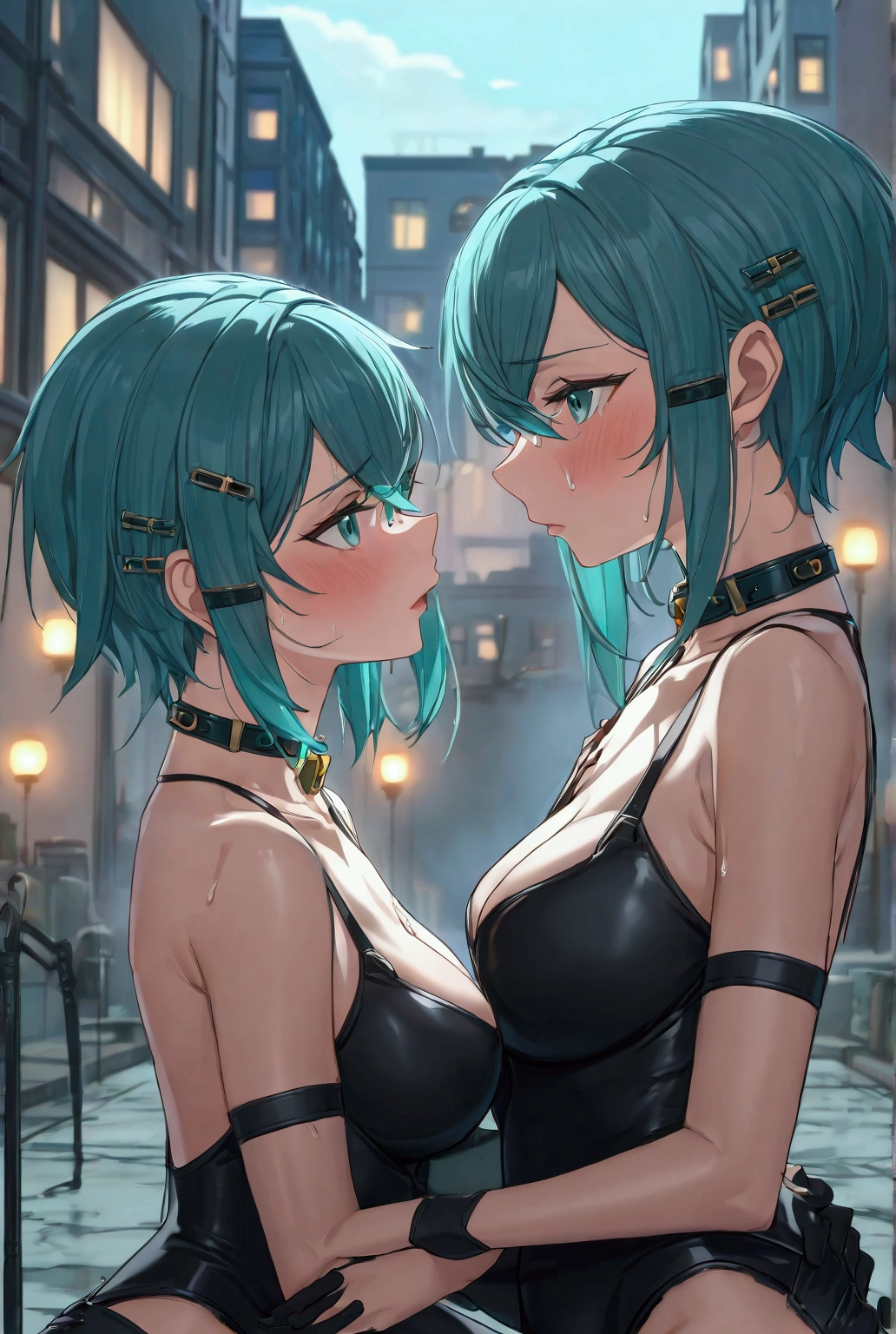 (((nsfw)))sinonggo, aqua eyes, short hair, aqua hair, sidelocks, hair between eyes, hairclip, hair ornament, green jacket, leotard, scarf, black shorts, gloves, long sleeves, medium breasts,(Anime style, 2+girls, ((Right of them masturbates the left other. The right girl has her love juices overflowing and dripping onto the ground.)). View from chest up,)
BREAK
urban battlefield, ruins, night sky, depth of field, cinematic, game cg, anime screencap, official art, masterpiece, best quality
(((cloned face)))
(((similar identical twins)))
All the girls have the exact same face, The two have the same face and figure, as if they were mirror images