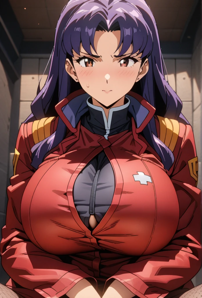 High resolution, masterpiece, Highest quality, High detail, Ultra high definition, Textured skin, Long Hair, 8k,((Katsuragi Misato)),Purple Hair, anime style, huge breasts, cleavage cutout,