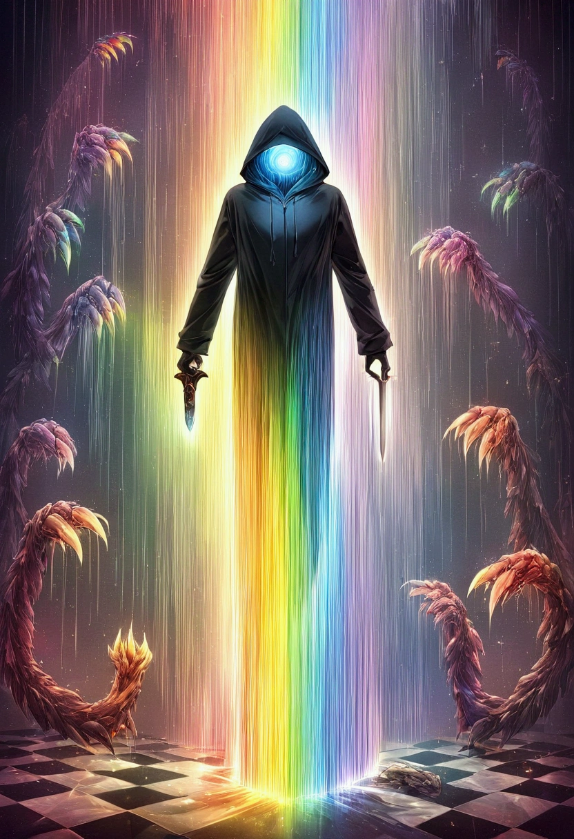 digital illustration, checkered floor falling in on itself, hooded figure coming out of crnter with dagger like claws, surreal, rainbow spectrum overlay effect, Surrealism, Luminism, sparkle, glowing light, optical illusion, anatomically correct, highres