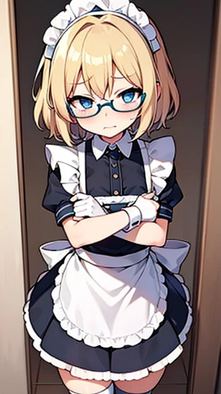 Embarrassed Femboy with short blonde hair, blue eyes, glasses in maid outfit trying to hide penis under skirt