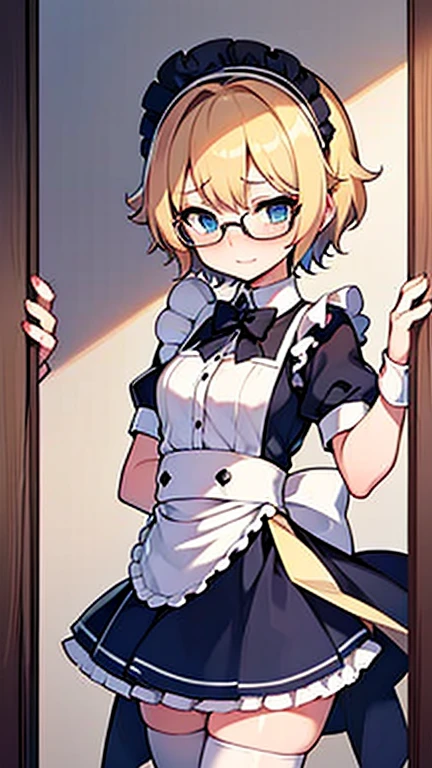 Embarrassed Femboy with short blonde hair, blue eyes, glasses in maid outfit trying to hide penis under skirt