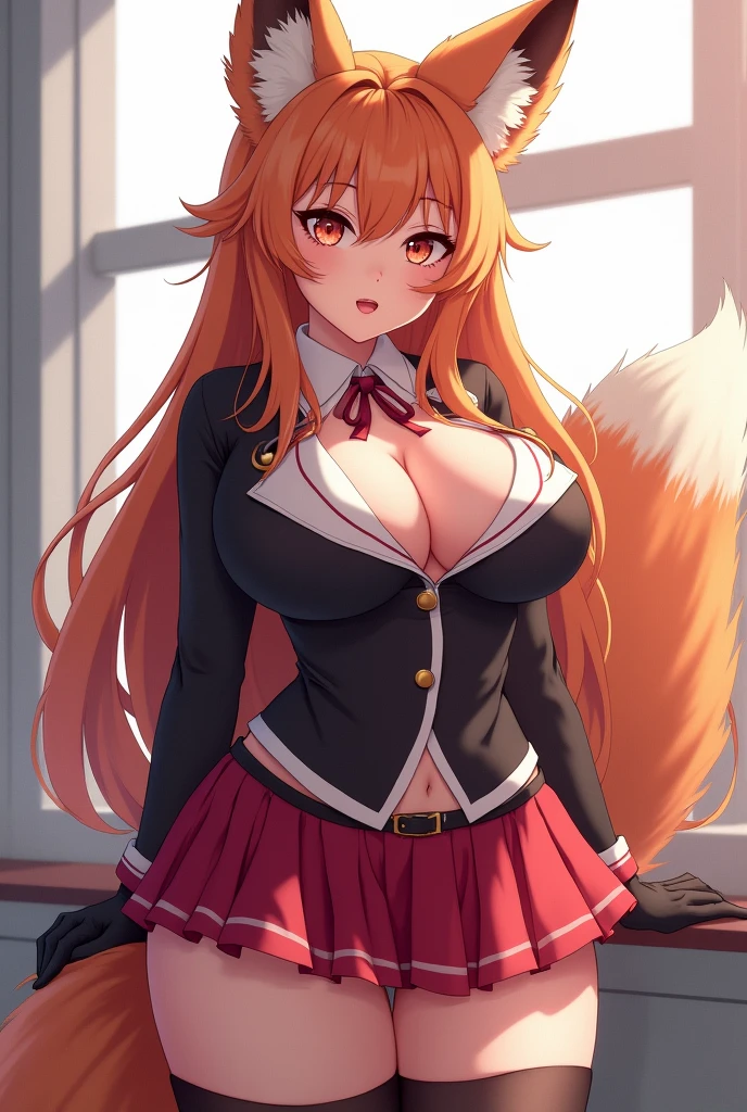 ((Highest quality)), ((masterpiece)), (detailed), (nsfw), a red haired anime girl with big tits is sitting on a table and her tits are spread open, 1girl, Virtual Youtuber, breasts, 独奏, nipples, animal ears, orange hair, middle hair, inverted nipples, censored, pussy, skirt, spread legs, braid, desk, large breasts, cat ears, bar censor, blush, , sitting, ahegao, looking at viewer, classroom