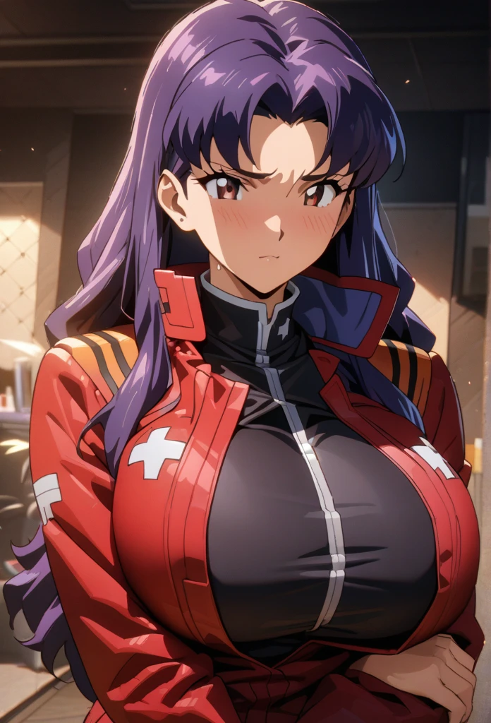 High resolution, masterpiece, Highest quality, High detail, Ultra high definition, Textured skin, Long Hair, 8k,((Katsuragi Misato)),Purple Hair, anime style, huge breasts, cleavage cutout,