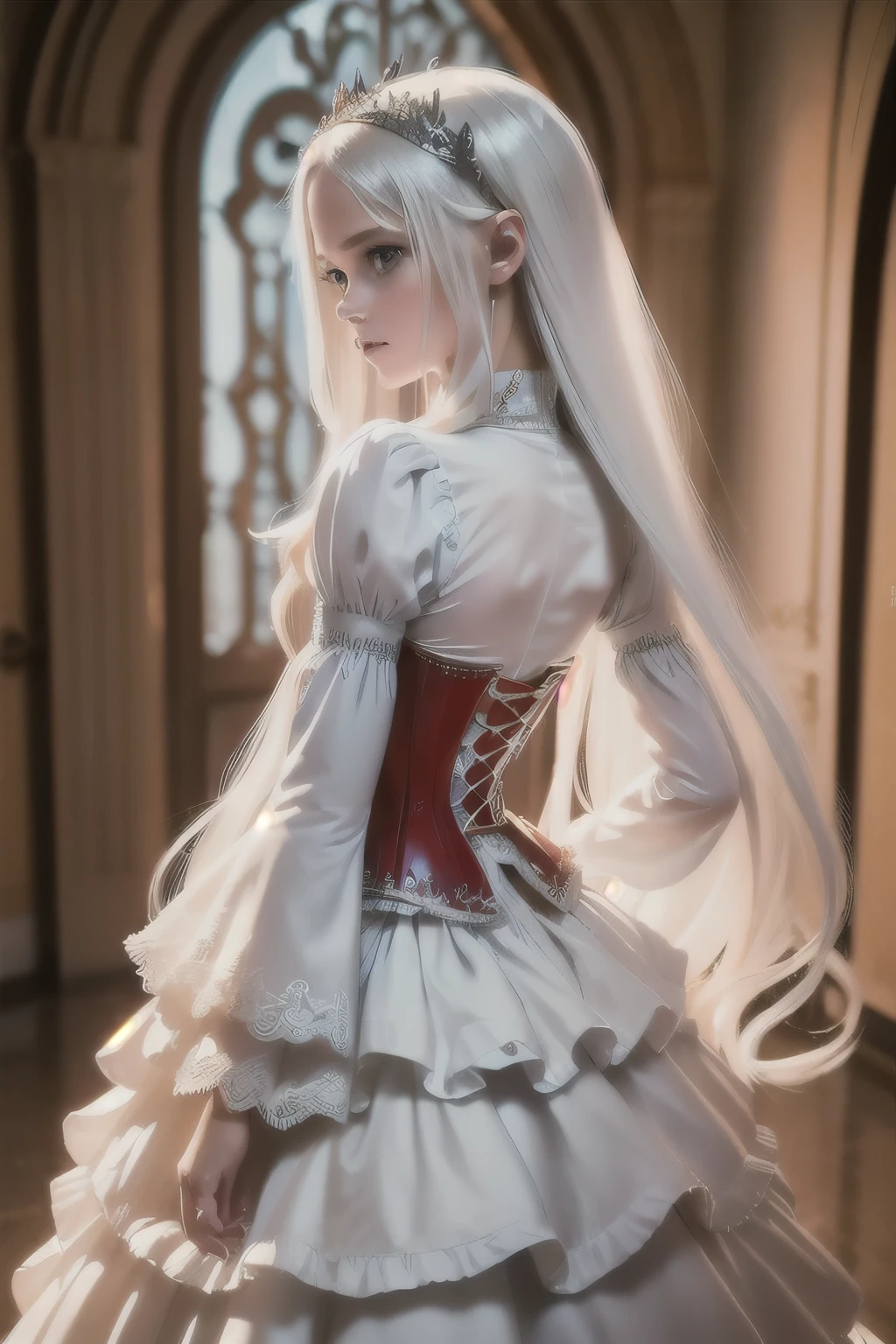 ((extremely detailed CG unity 8k wallpaper)), masterpiece, ultra-detailed, floating, high resolution, sexually suggestive, (petite, absurdly long white hair, princess, white mage, blue eyes, (ornate long white and red see through layered long dress with long detached wide sleeves and intricate embroidery), bridal veil, circlet, bridal gauntlets, blushing, shy, arched back, ruffled petticoat, ornate corset,