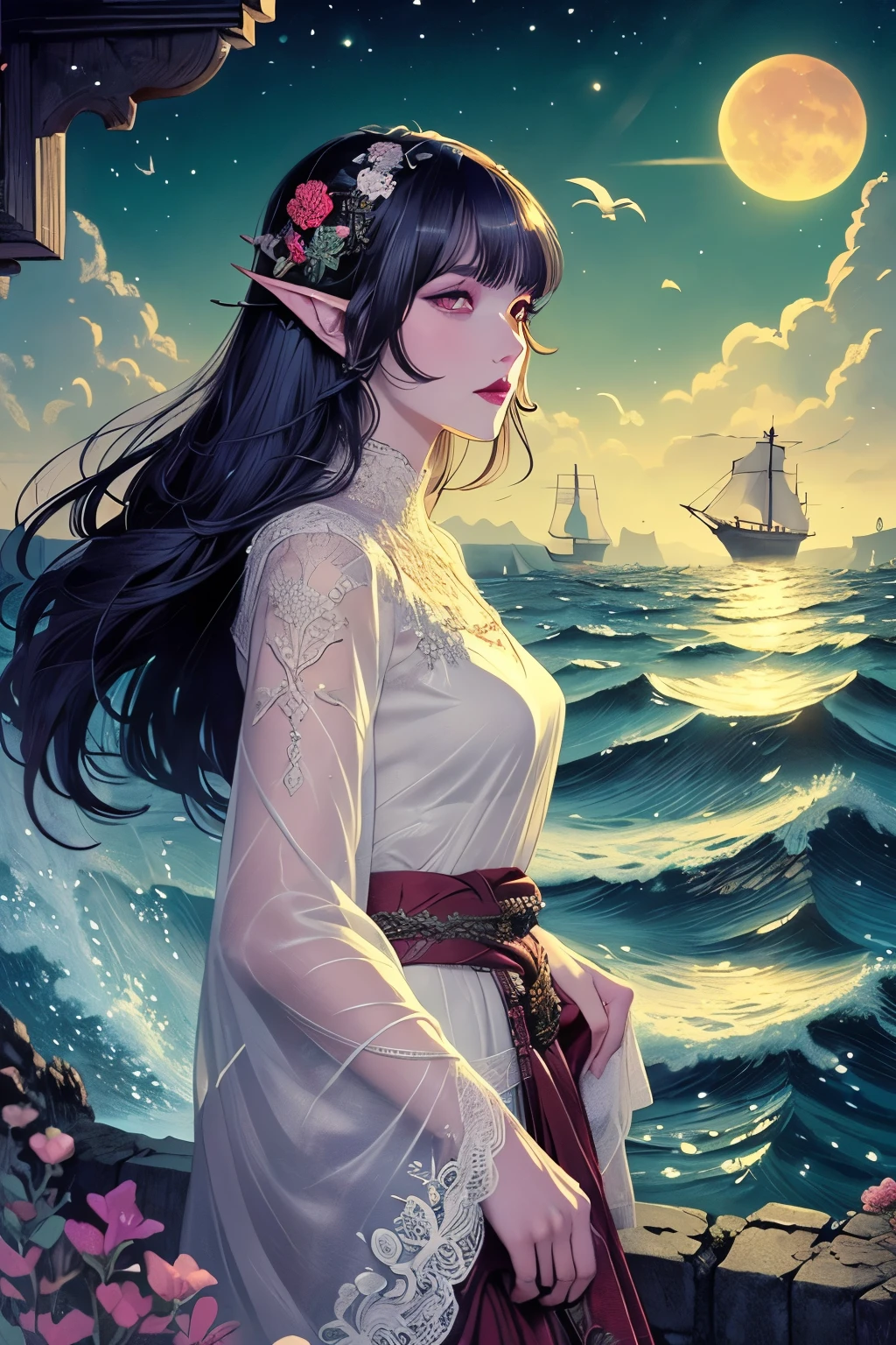 (Ultra-detailed face, looking away, Fantasy Illustration with Gothic, Ukiyo-e, Comic Art, dark color tone), 
BREAK 
(These are mysterious islands in the extreme cold of the north. There are many shoals, the tides are complex and fast, and there is no end to the number of boats that run aground. The wreckage of rotting medieval-style sailing ships and galleys that have run aground can be seen in the shallows.), 
BREAK 
(Late at night, when the bright red, blood-colored moon shines, the waves are rough and the sea monster sirens are gracefully hula-dancing on the steep cliffs. Around her dance the pale and translucent ghosts of the many sailors who died when the ship ran aground.), 
BREAK 
(The female siren has long, wavy silver hair, blunt bangs, translucent white skin, and lavender eyes.), 
BREAK 
(She wears a coral hair ornament in her hair and a white silk nightdress draped with lace and embroidery. She wears sandals made of seabird feathers.)