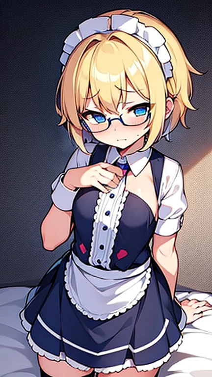 Embarrassed Femboy with short blonde hair, blue eyes, glasses in maid outfit accidentally revealing penis