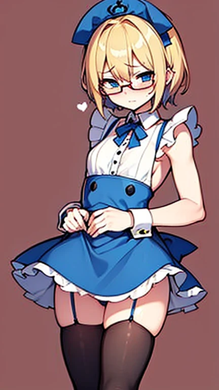 Embarrassed Femboy with short blonde hair, blue eyes, glasses in maid outfit accidentally revealing penis