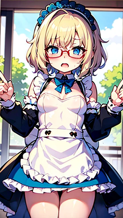 Embarrassed Femboy with short blonde hair, blue eyes, glasses in maid outfit covered in semen